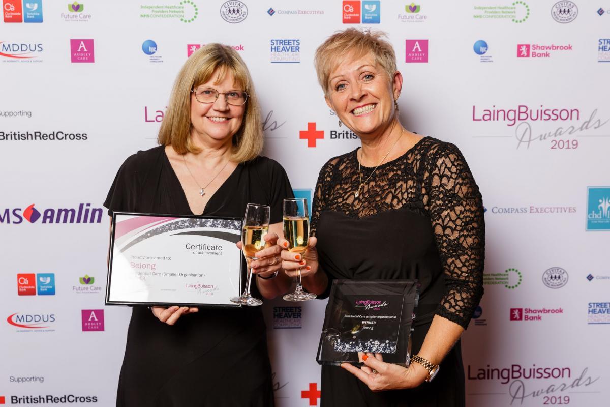 (L-R) Chief Executive Tracey Stakes and Deputy Chief Executive Tracy Paine with the Residential Care Award at the LaingBuisson 2019 award ceremony.