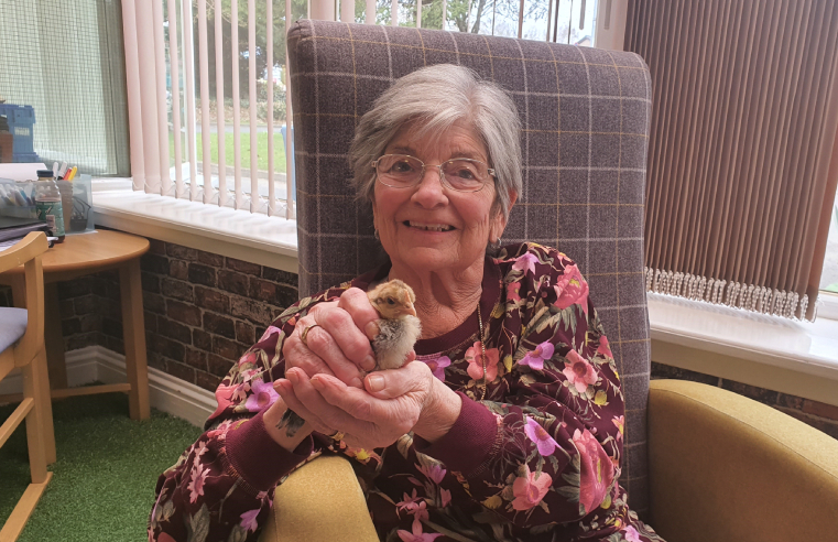 Resident Shonda McMillan with one of the homeâ€™s chicks