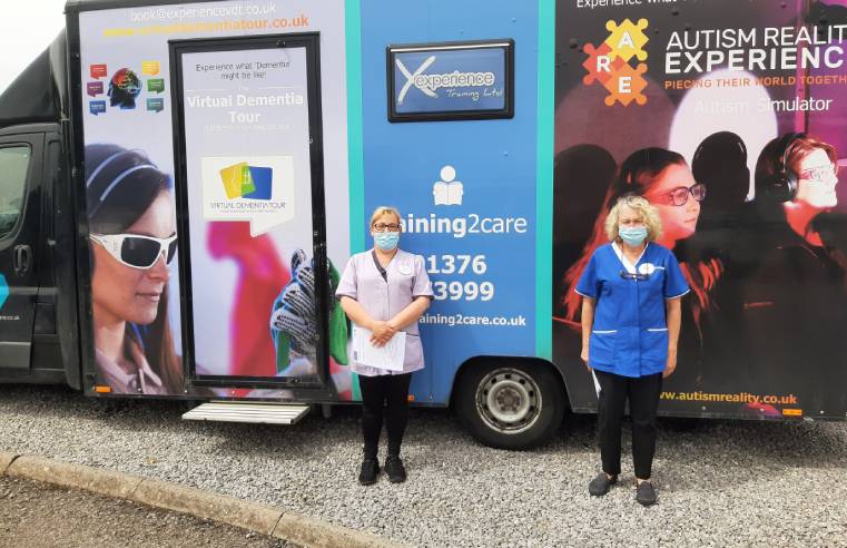 Albert Edward Prince of Wales Courtâ€™s staff members Kay Grist and Lisa Davies with the Dementia Bus