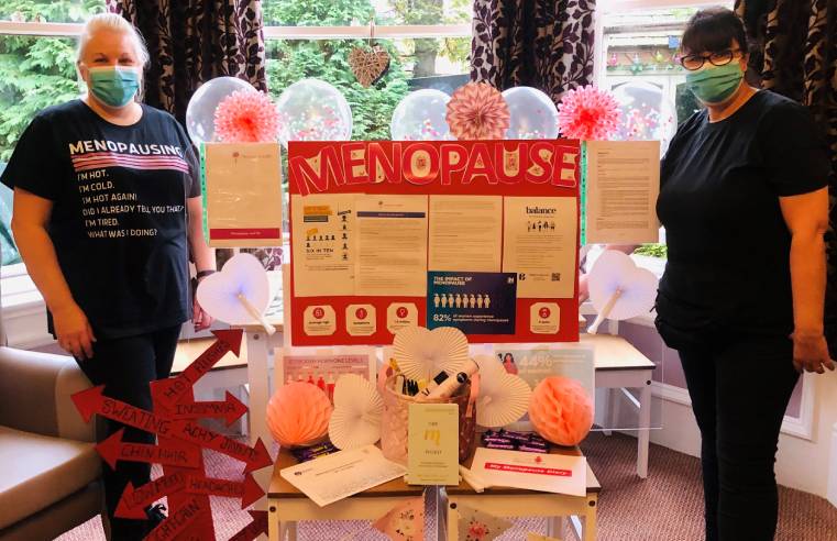 Staff members Debbie Street and Annette Billadeau help raise awareness for the menopause at RMBI Home Harry Priestley House in Doncaster.